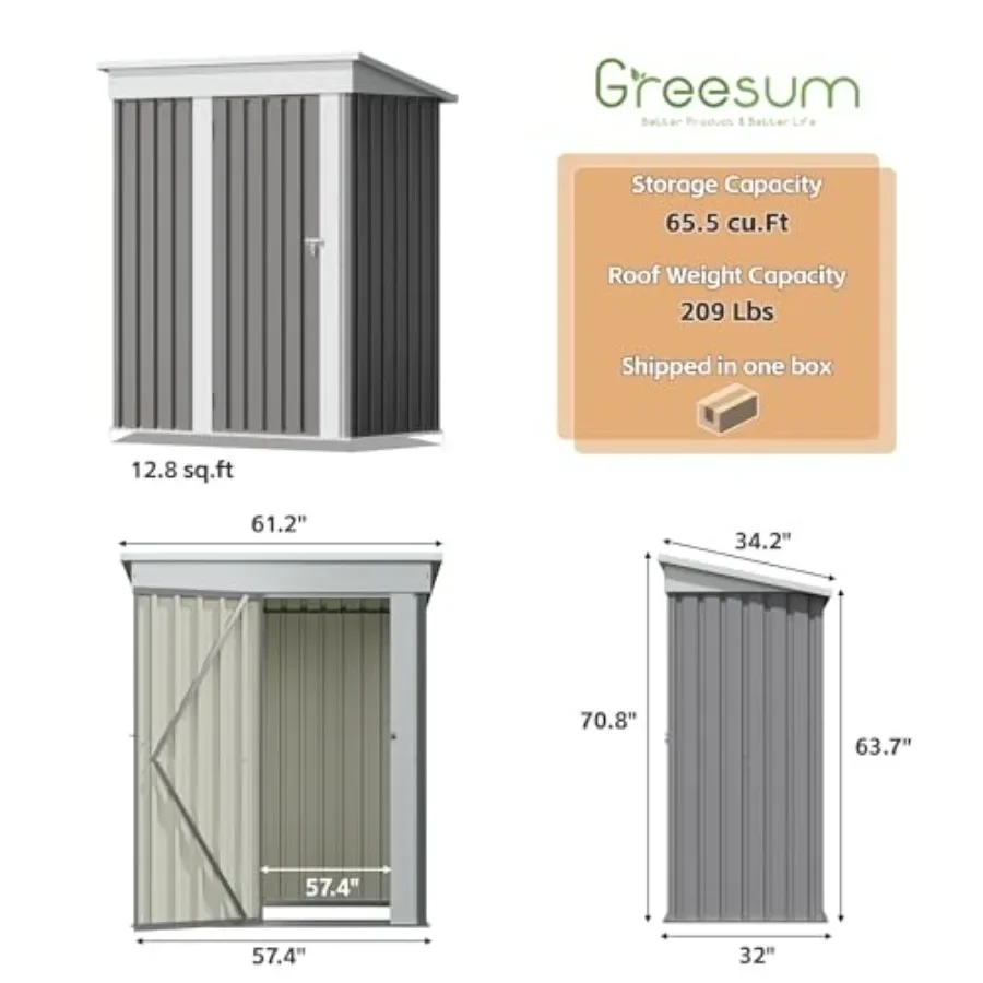 Outdoor storage shed for garden, patio, backyard use; galvanized steel construction; gray color; rust-resistant, lockable doors