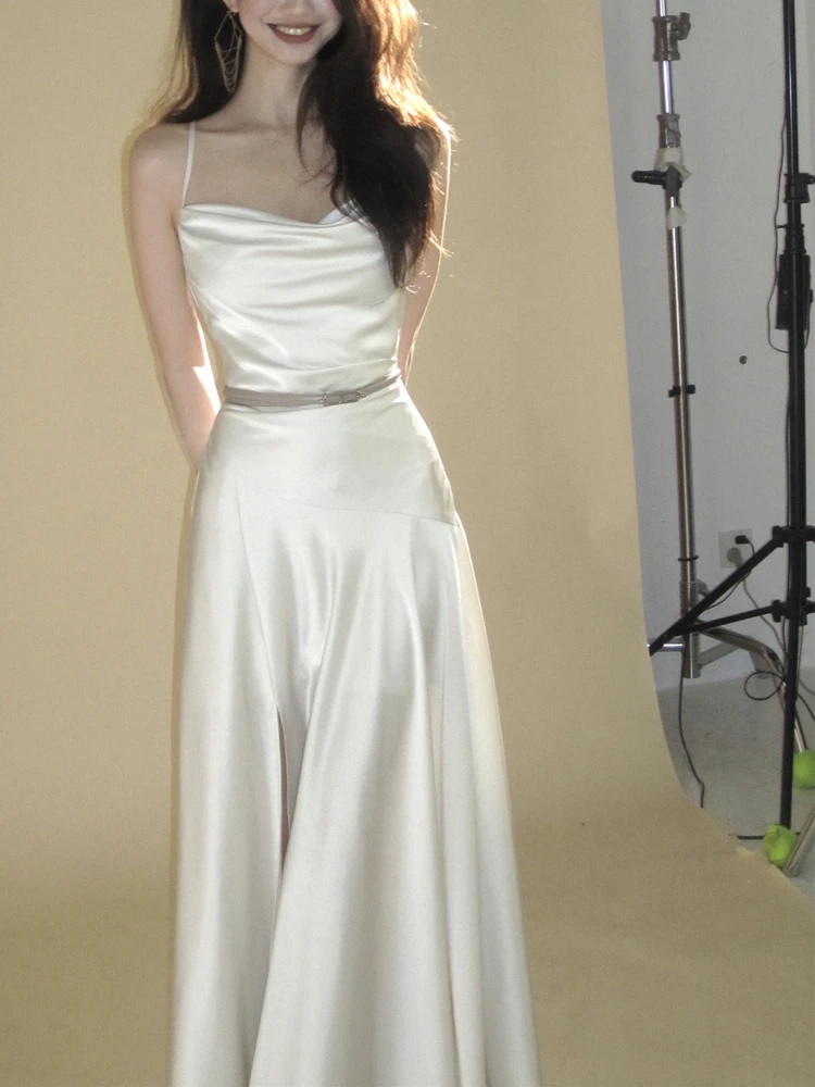 

Элегантное летнее платье миди с высокой талией из атласа, с разрезом сзади, длинное, для отпуска, сексуальный модный дизайн