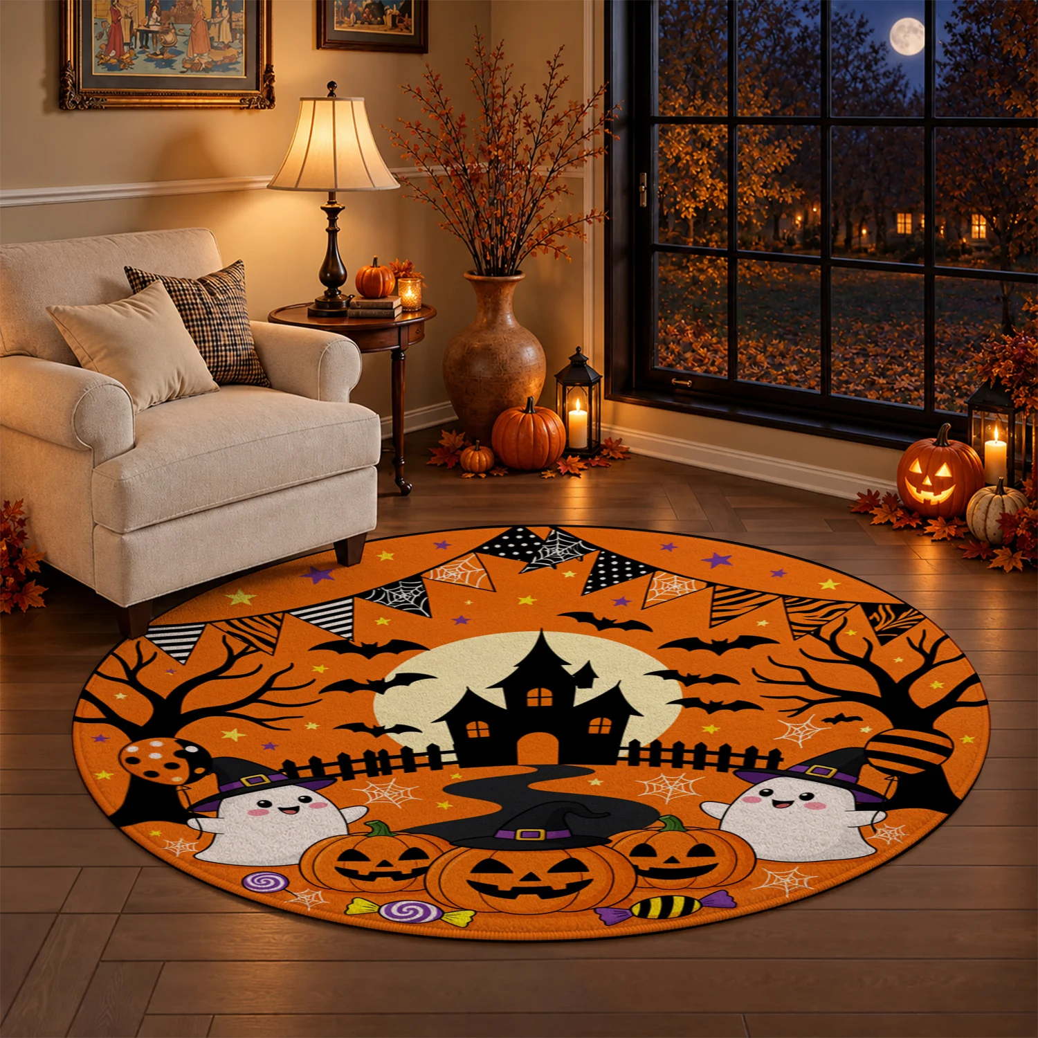 Round Velvet Rug with Halloween Ghost Pumpkin Haunted House Bat Pattern, Machine Washable, Ideal for Living Room, Bedroom, Entryway, Home Office, Holiday Decor for Halloween, Thanksgiving, Black Friday, Cyber Monday, Christmas, New Year