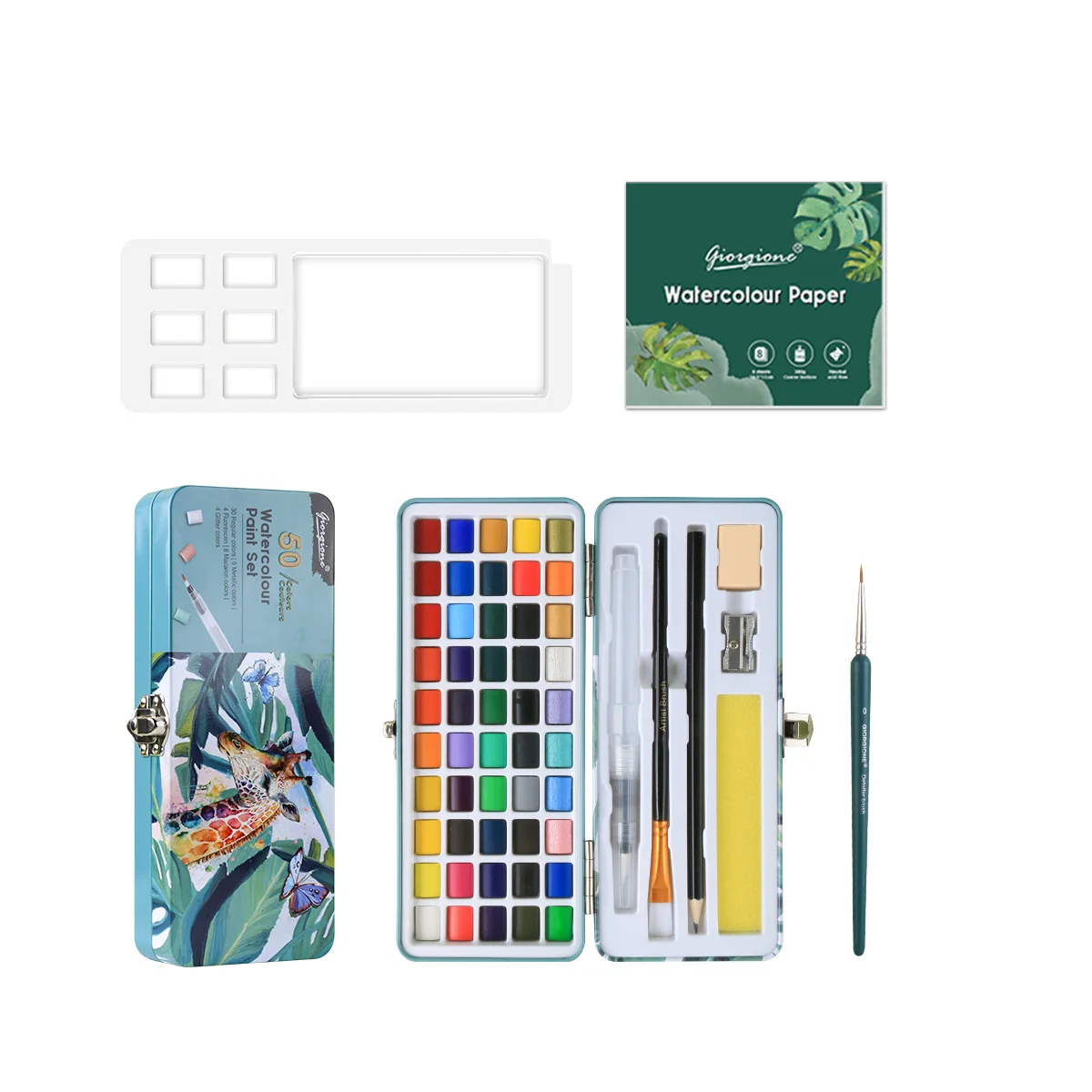 50 Color Watercolor Paint Set Solid, Metallic & Fluorescent, Portable Metal Box for Sketching, Hand Painting