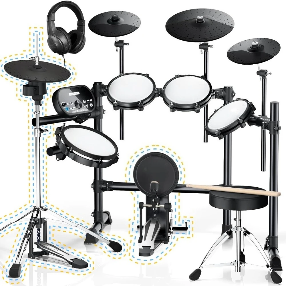 

Electronic Drum Set with 4 Quiet Mesh Drum Pads,3 Cymbals with Choke, 225 Sounds, USB MIDI, Drum Throne, and Sticks