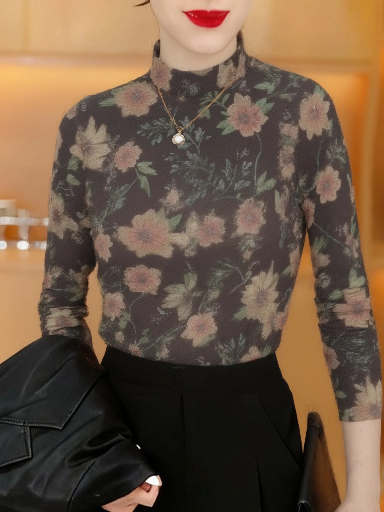 

Элегантная утепленная женская базовая рубашка с длинным рукавом и принтом для женщин среднего и старшего возраста, модная, с эффектом похудения, на флисовой подкладке, с высоким воротником