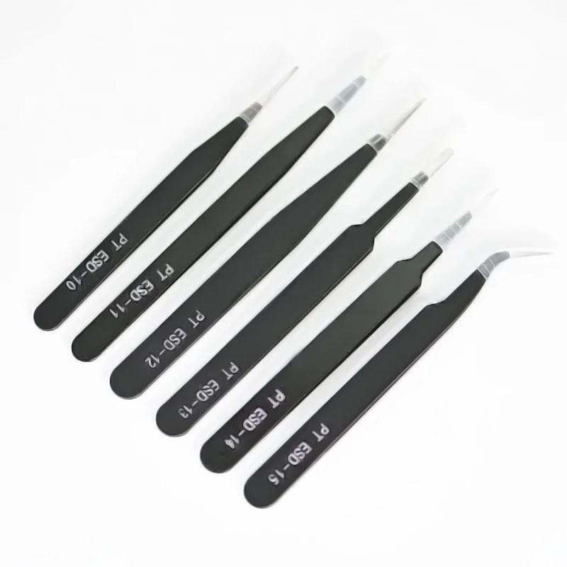 6pcs Anti-static ESD Stainless Steel Tweezers Maintenance Tools Industrial Precision Curved Straight Tweezers Repair Tools