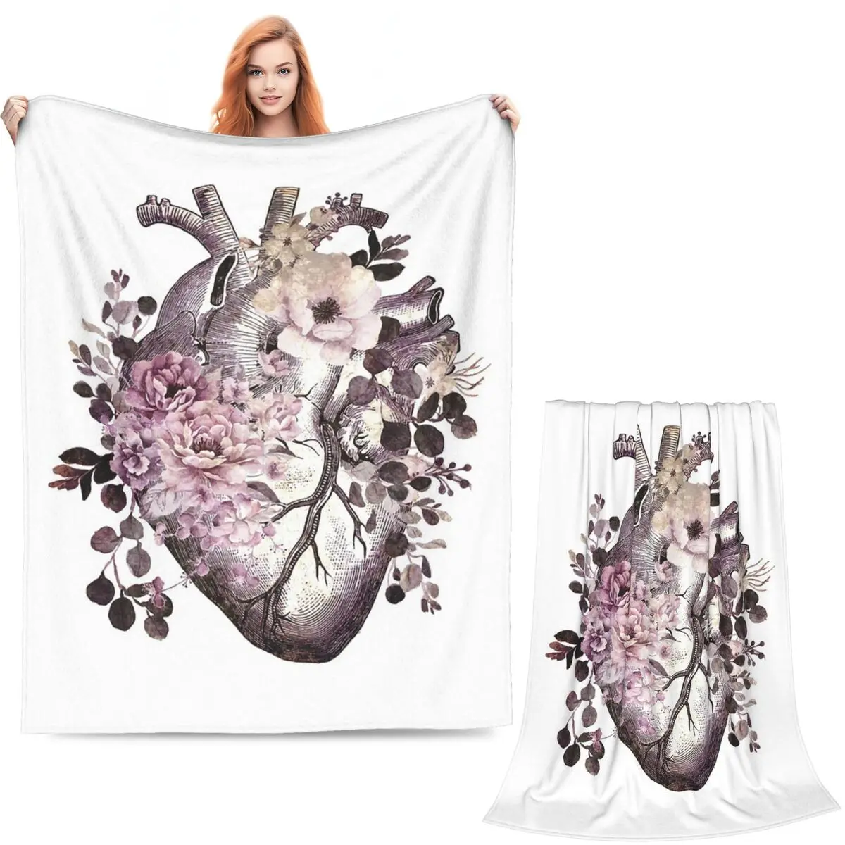 Bloom Floral Heart Human Anatomy Pink Watercolor Style Flowers Blanket Soft Warm Flannel Throw Plush for Bed Picnic Travel Couch