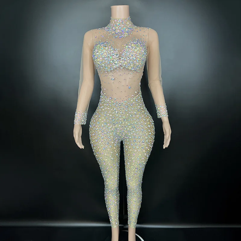 Luxury Rhinestones Mesh Transparent Jumpsuit Lady Evening Prom Party Diamond Birthday Celebrate Outfit Stage Wear