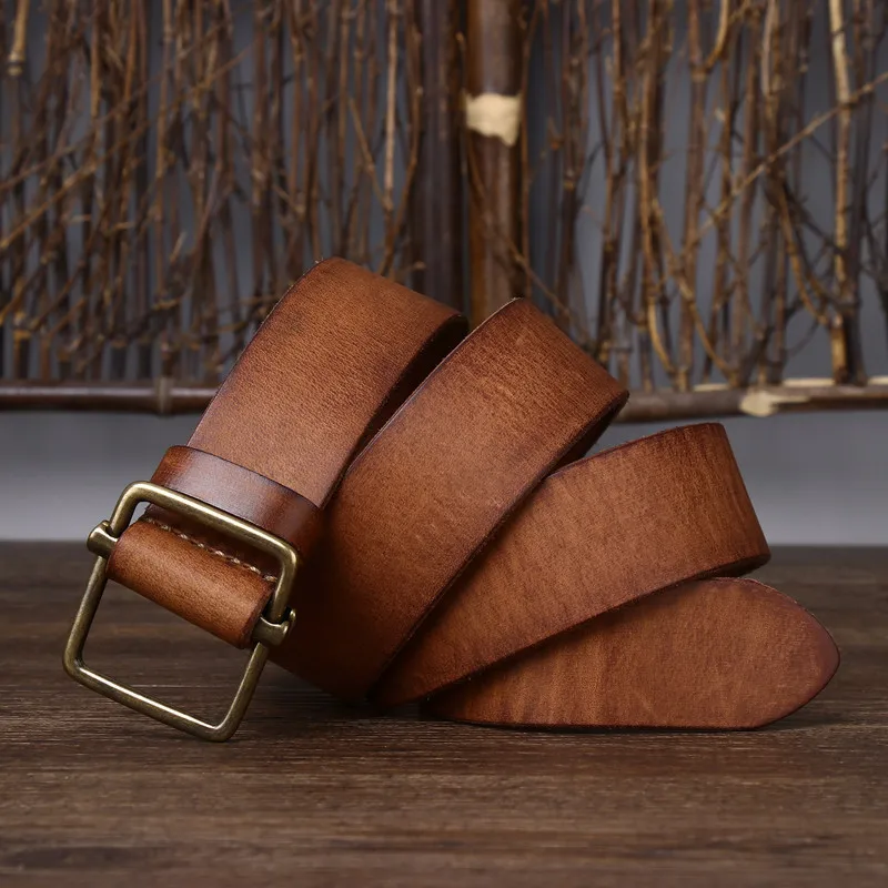 New Men's Non-Perforated Leather Belt, Smooth Buckle, Top Layer of Cowhide, Retro Simple and Versatile Denim Belt