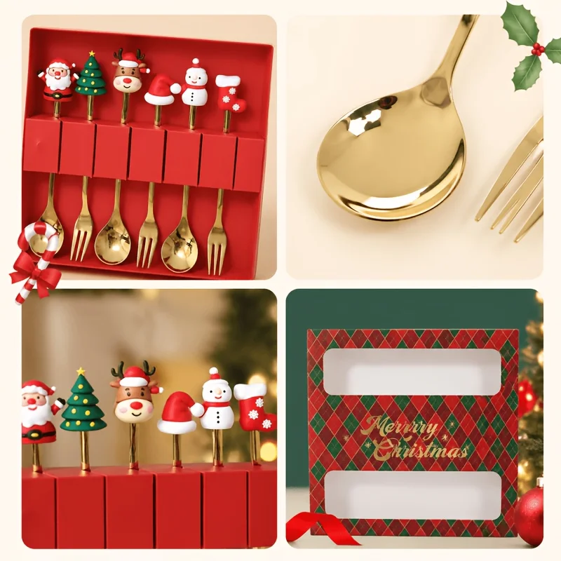 6Pcs Festive Christmas Spoon Fork Set with Gift Box,Golden Stainless Steel Coffee Tea Dessert Cutlery,Christmas Gift for Holiday view 6