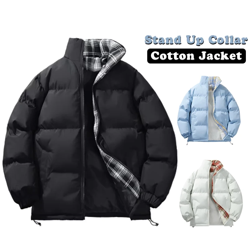 New Winter Cotton Padded Jacket Men Stand Collar Couple Coat Color Block Warm Fashion Solid Color Daily Casual Outerwear