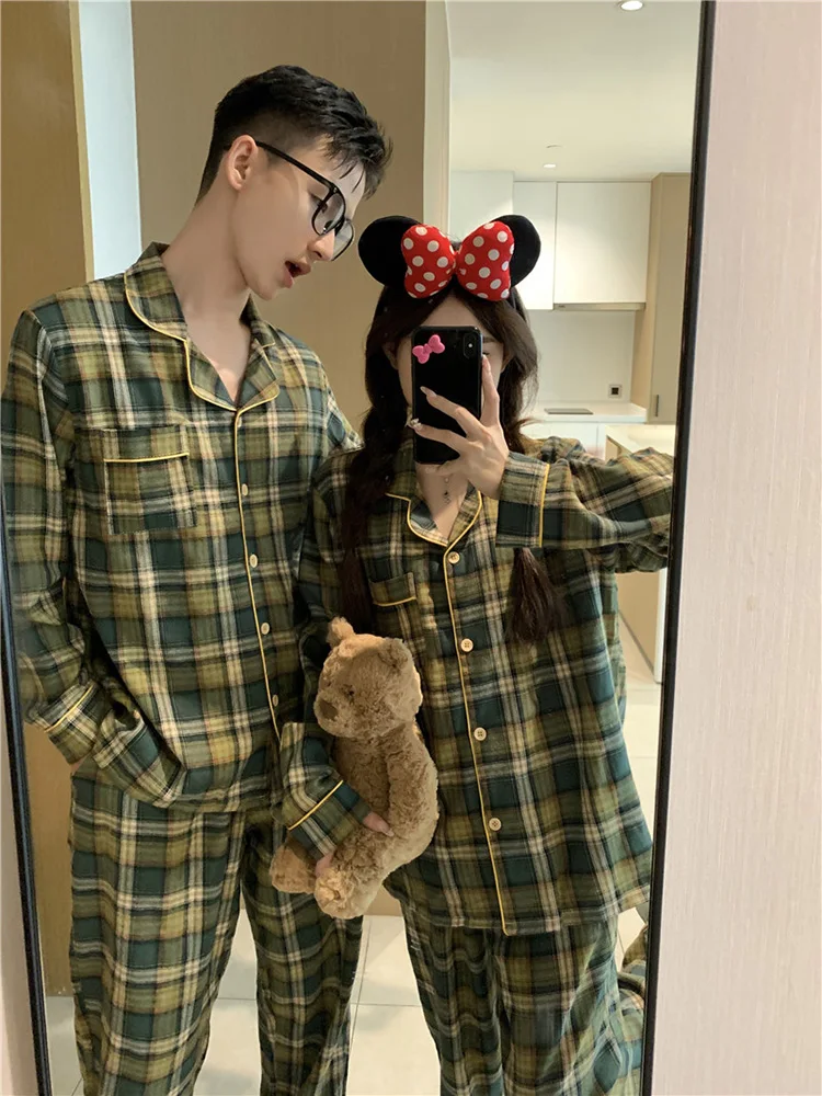 

Lover New Home Warm Loose Plaid Simple Korean Long Sleeve Pajama Set Women Couple Kawaii Elegant Casual Comfortable Sleepwear