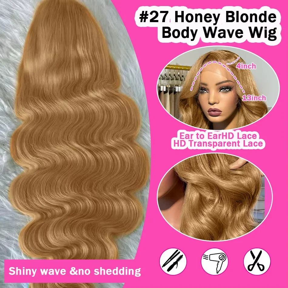 بيرو 34 36 بوصة العسل شقراء 13x6 HD الدانتيل الجبهة خصلات الشعر المستعار الإنسان # 27 لون الجسم موجة غلويليس 13x4 الدانتيل الباروكة الخطية للنساء #5