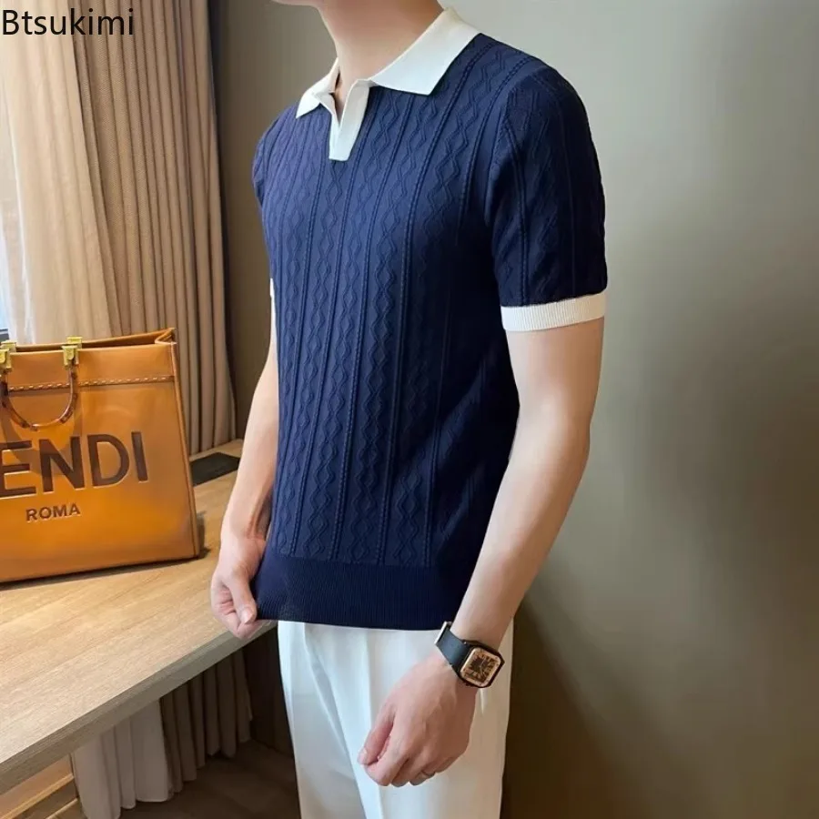 New 2025 Men's Summer Knitted Short Sleeve Polo Shirt Tops Fashion Casual Top Men's Lapel Thin Jacquard Texture Slim POLO Shirt