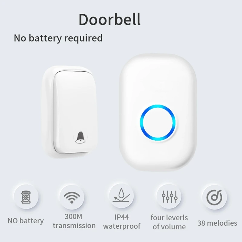 Беспроводной дверной звонок, водонепроницаемый умный дверной звонок, домашний дверной звонок, интеллектуальный 4-уровневый регулятор громкости, 38 песен, дверной звонок