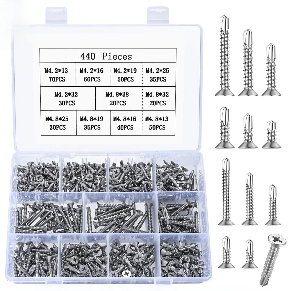 

440pcs 410 Stainless Steel Flat Head Cross Self Drilling Screws For Wood Metal Manual Tools And Power Tool Accessories