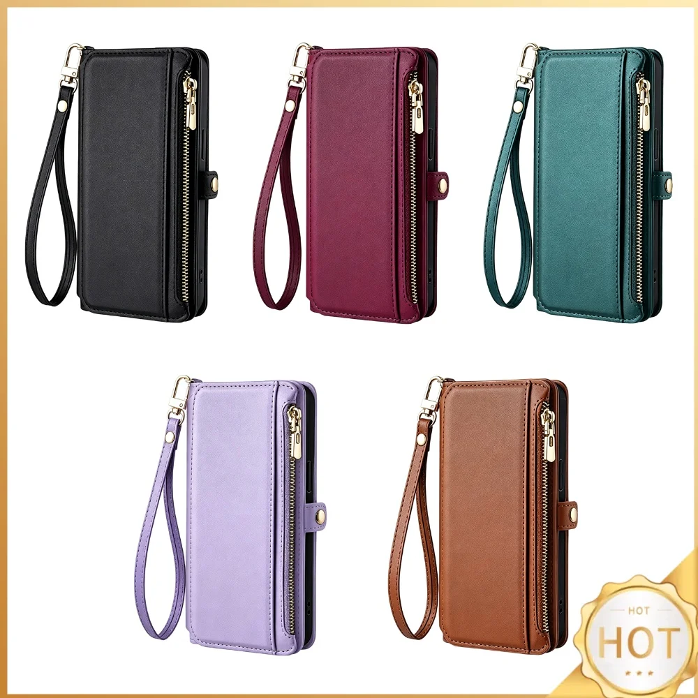 for Iphone 17 Pro Max Air Case Wallet with Zipper Pocket and Wrist Strap Fashion PU Magnetic Cases Magnetic Flip Folio Cover