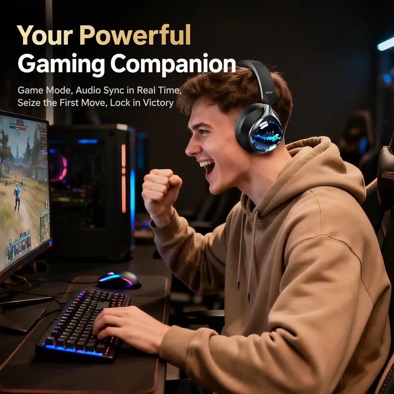 Acer Wireless Bluetooth 6.0 Headphones RGB Cool Lighting Foldable Over-Ear Headphones Stereo Effects for Travel Home Office