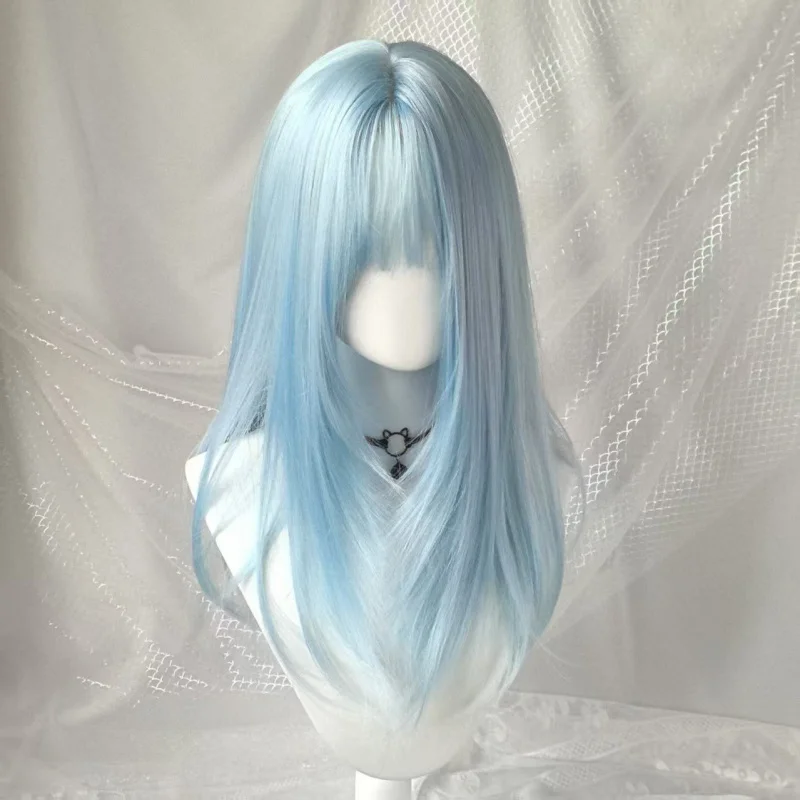 Ice blue layered long straight hair, flattering complexion, neat bangs, everyday fashion full wig