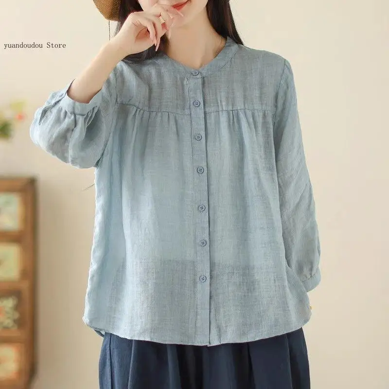 Summer Fashion Versatile Seven Quarter Sleeved Shirt for Women Loose and Casual Lightweight Small Shirt