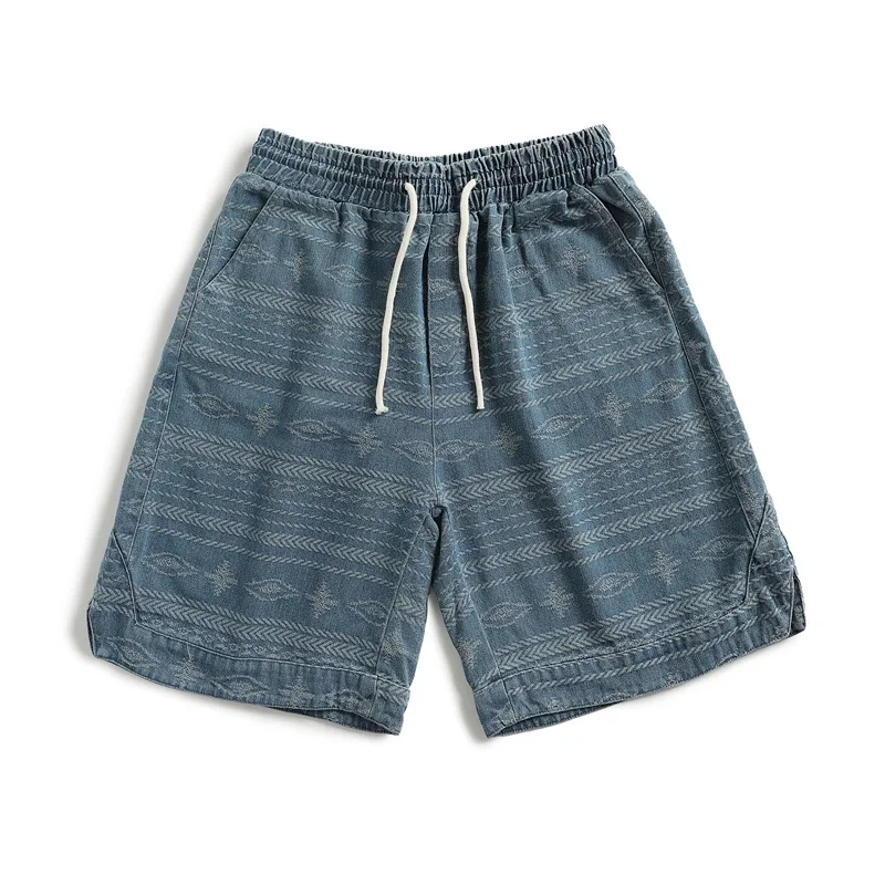 Summer Japanese Vintage Ethnic Style Wash Denim Drawstring Loose Printed Shorts Men\'s Amikaki Capris