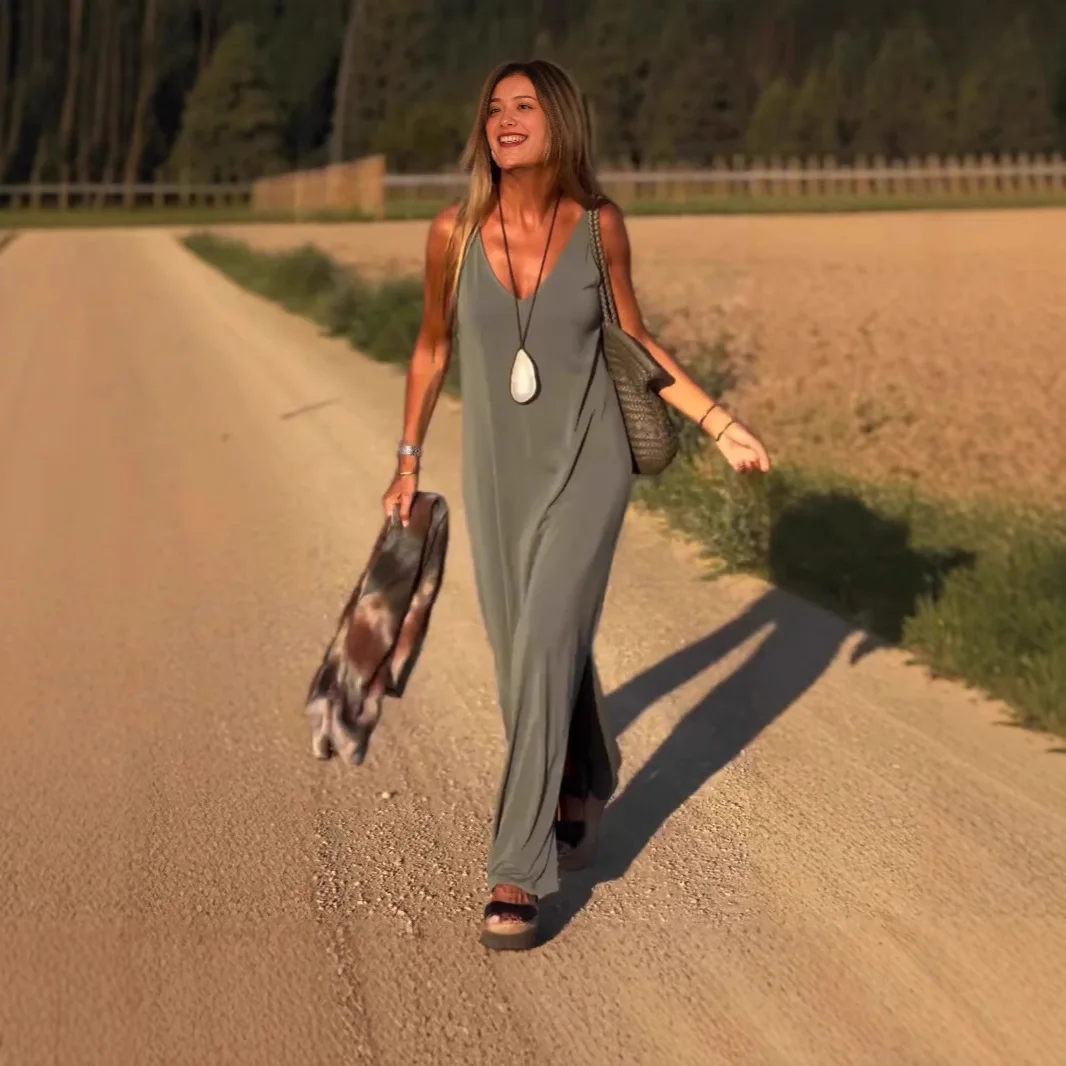 Solido Moda Elegante Casual Boho Abiti Per Le Donne Robe Femme Abiti Nuova Estate delle Donne Sexy Con Scollo A V Della Cinghia di Spaghetti Vestito