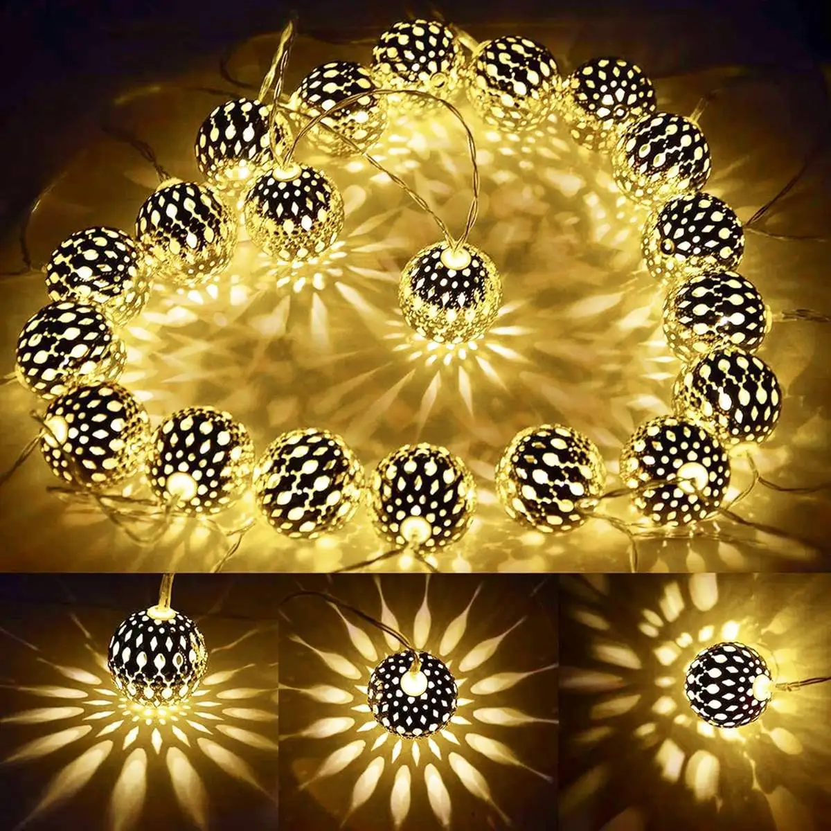 1pc LED Moroccan Fairy Lights Battery Operated Gold Globe String Lights For Outdoor Wedding Party Ramadan Festival Decoration