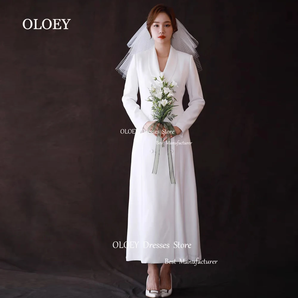 OLOEY Elegant Ivory Straight Wedding Dress Korea Photoshoot V Neck Long Sleeves Floor Length Bridal Gown Custom Formal Party Gow