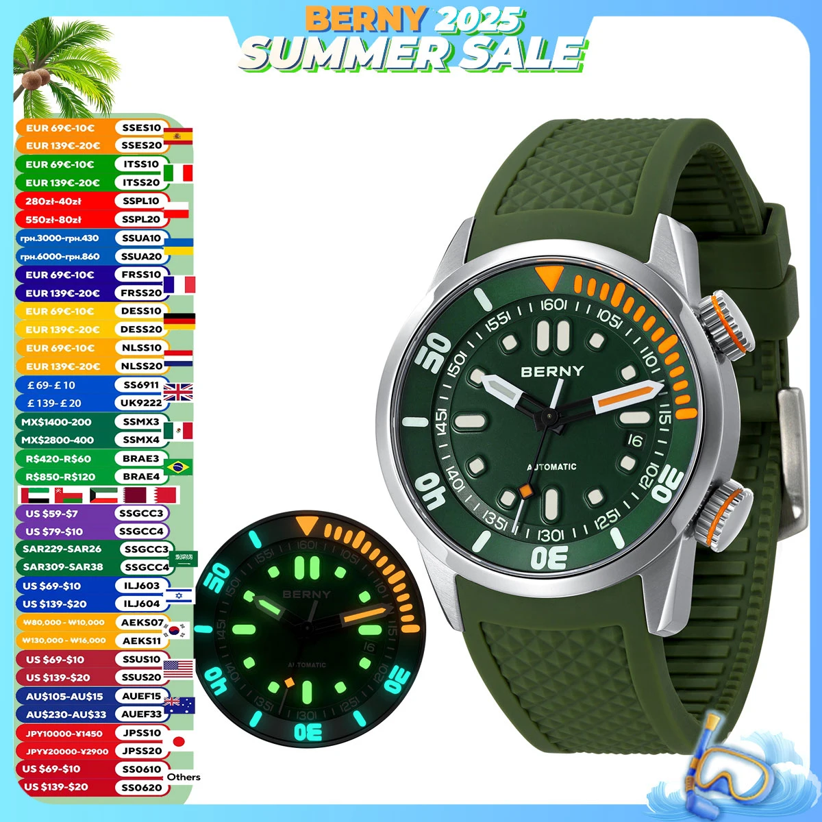 

BERNY 20Bar Diver мужские механические часы Miyota 8215 супер светящиеся сапфировые автоматические автоматические силиконовые мужские наручные часы с автоподзаводом