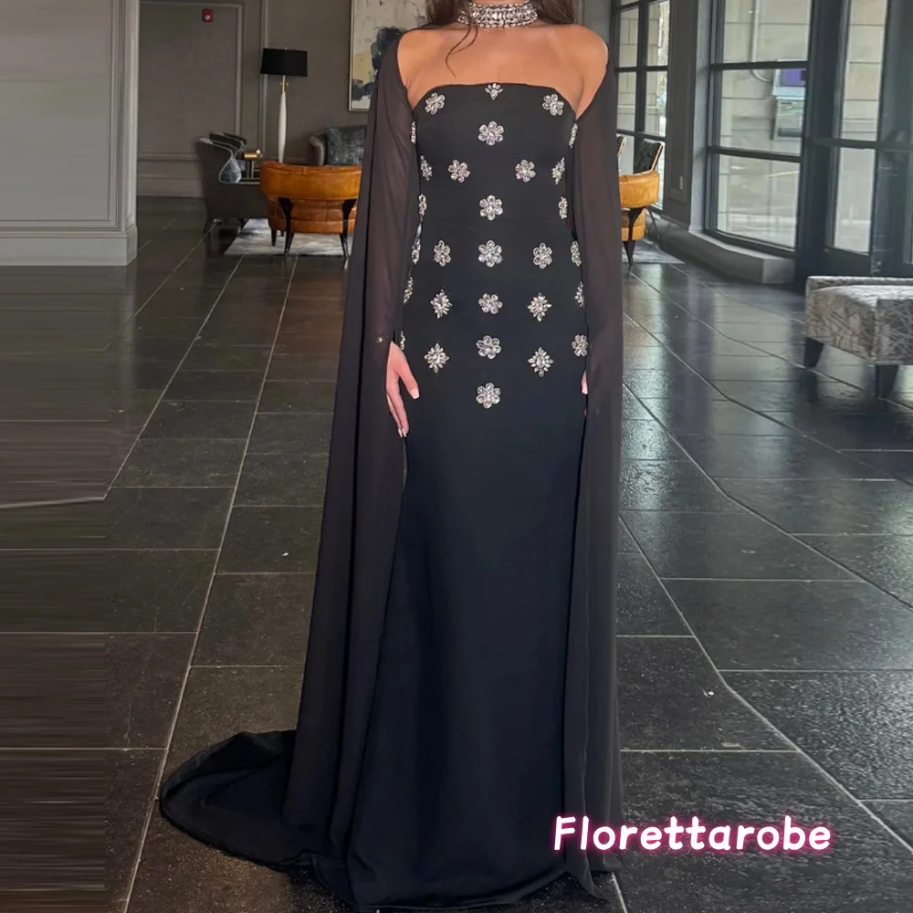 

Customized Shiny Rhinestones Sheath Black Evening Dress Long Sleeves vestidos de noiva Floor-Length Formal Prom Gowns