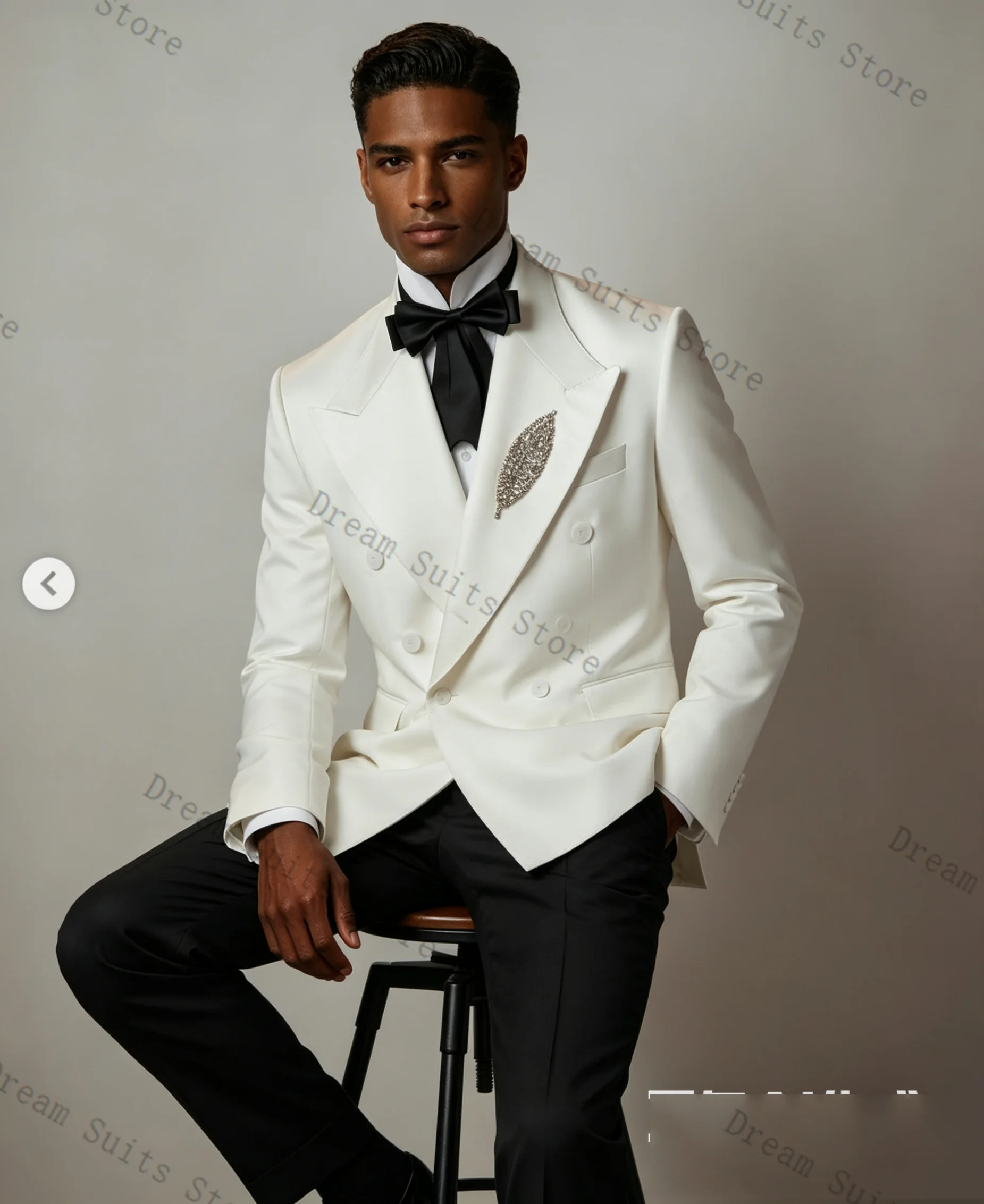 

White Men Suit Set 2 Pcs Blazer+Pants Trousers Crystals Leaf Customized Formal Office Jacket Wedding Tuxedos Prom Coat
