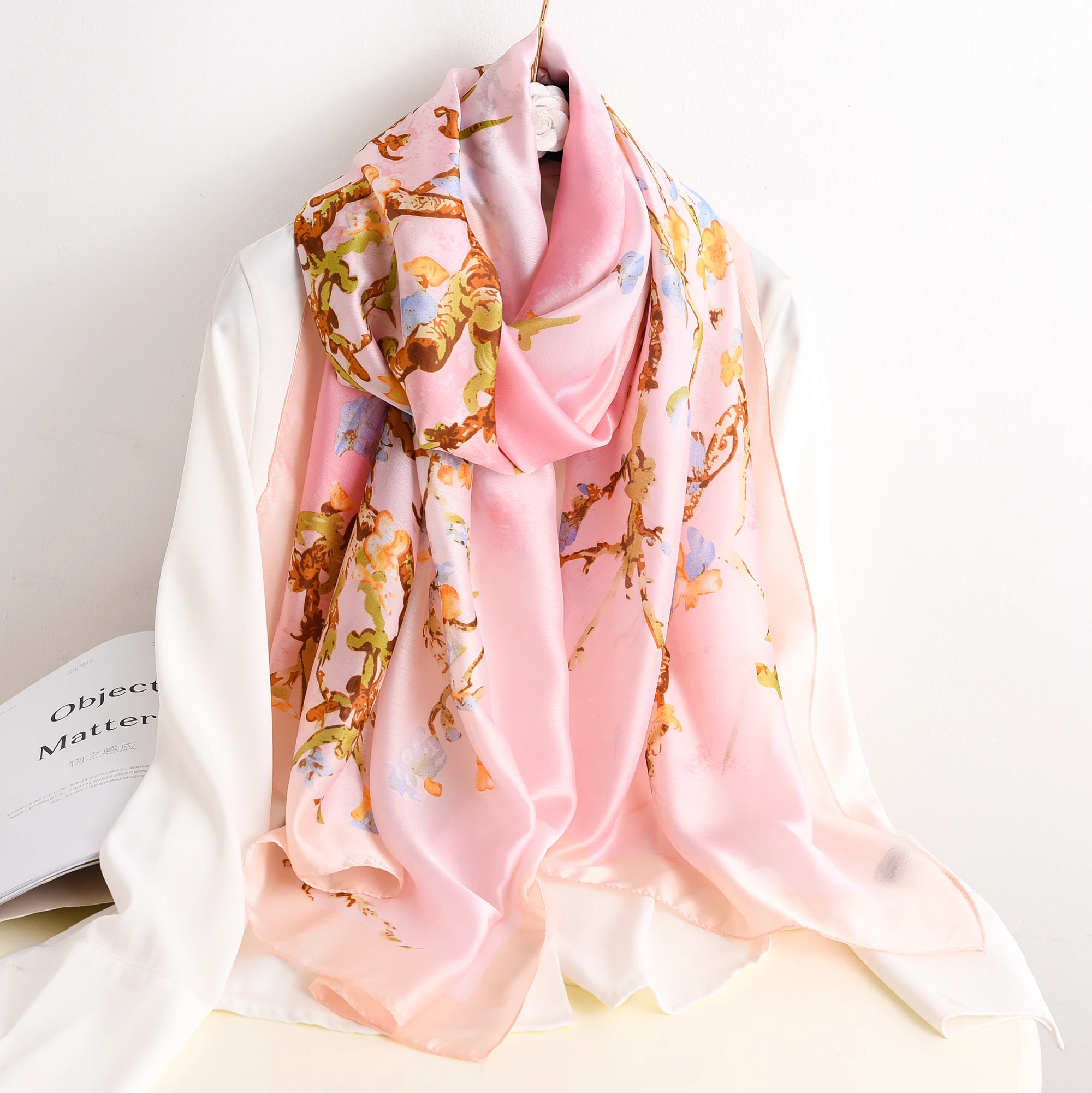 90x180cm Fashion Woman Silk Feeling Scarves Satin Plum Blossom Long Scarf Wrap Ideal Choice for Gifts