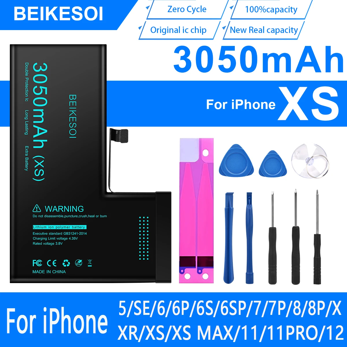 

BEIKESOI-Сменный аккумулятор большой емкости для iPhone XS, запасная Батарея 0 цикла с профессиональным набором инструментов для ремонта, 3050 мАч