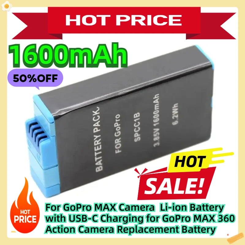 

For GoPro MAX Camera Li-ion Battery with USB-C Charging for GoPro MAX 360 Action Camera 1600mAh Replacement Battery