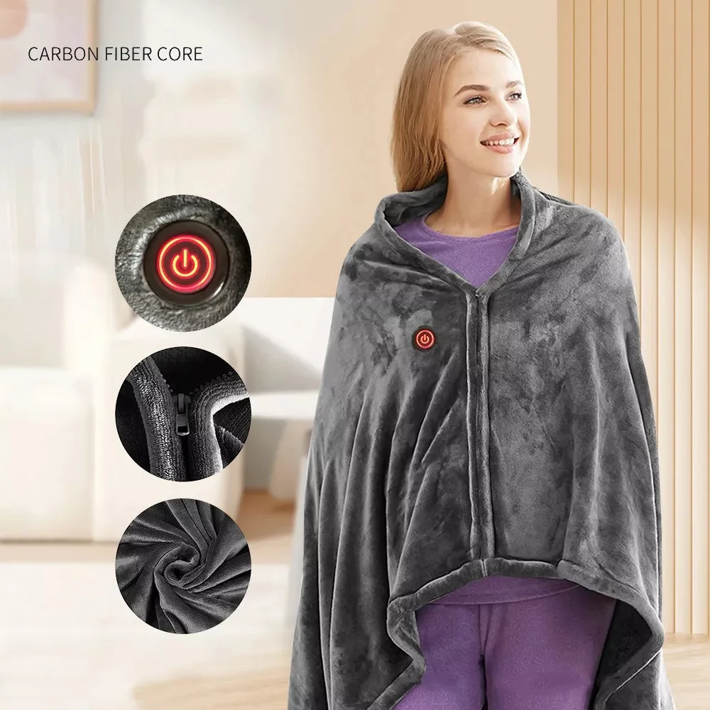 Coral Velvet Heating Blanket, 3 Heat Levels, Fast Heating USB Heating Shawl, 9 Heated Zones, Portable Thermal Blanket for Winter