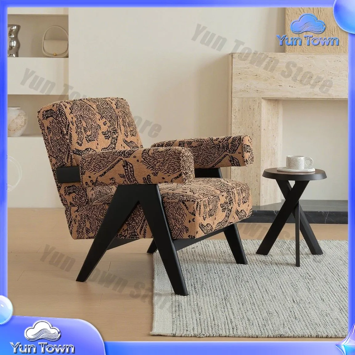 Chandigarh Style Armchair for Retro Living Room Decor Mid Century Modern Single Seater Lounge Chair Brown Tiger Stripe Fabric