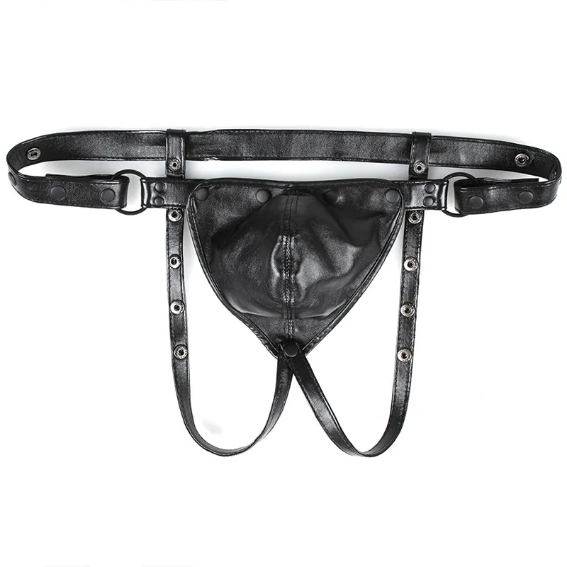 Men Thongs Black Hollow Out Sexy PU Rivet Punk G-Strings Couple Breathable Erotic Panties Clubwear Fashion Belt Underwar