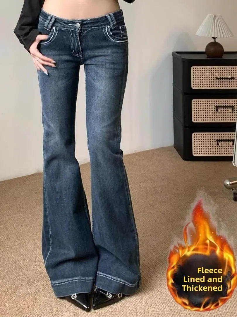 Fleece Lined Low Waist Bell Bottom Jeans Women's Autumn Winter New Style Vintage plus Size Flattering Short Taller Looking