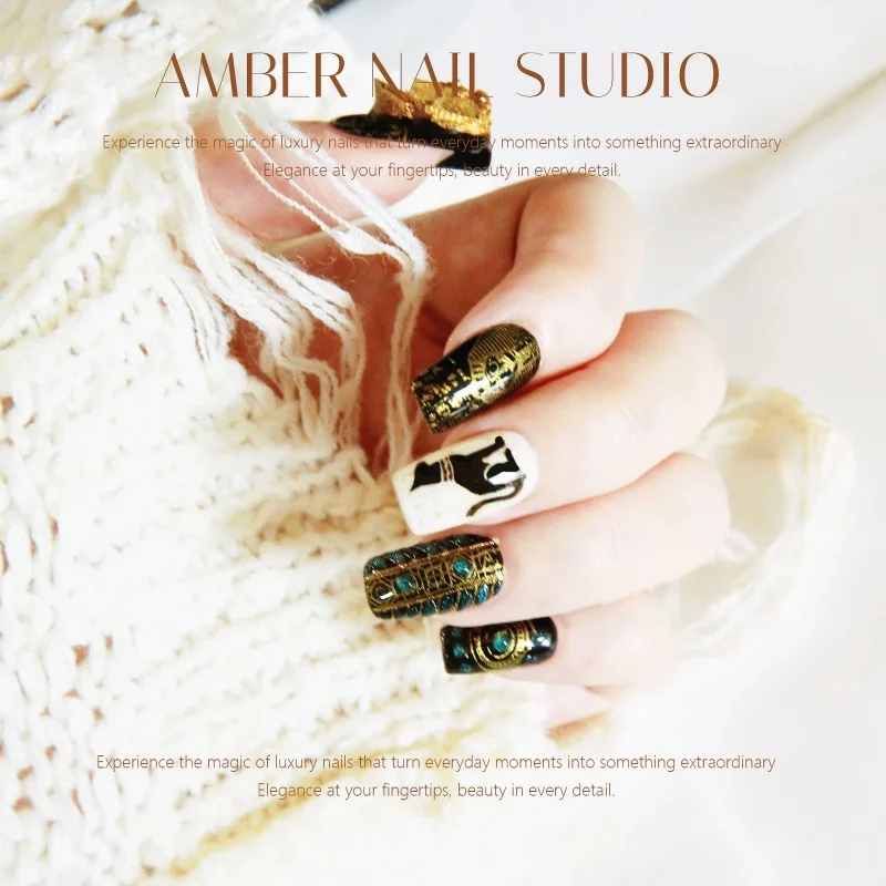 

Amber Press On Nails Egyptian Pharaoh Vintage Handmade Green Gold Cat Eye Exotic Style Desert Sand Dune Design For Women