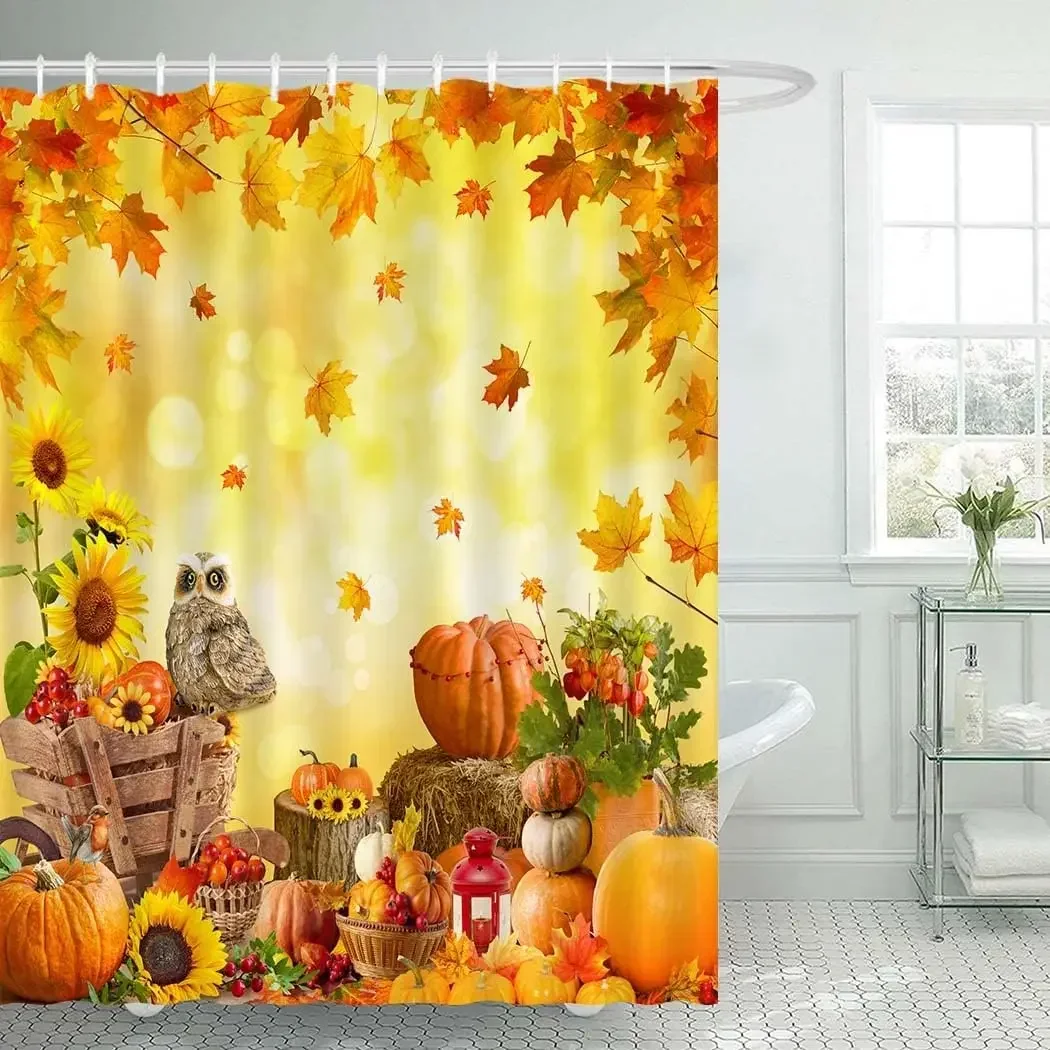 Fall Shower Curtains Brown Window Pumpkin Haystack Sunflower Maple Leaves Forest Autumn Home Bathroom Curtain Decor with Hooks