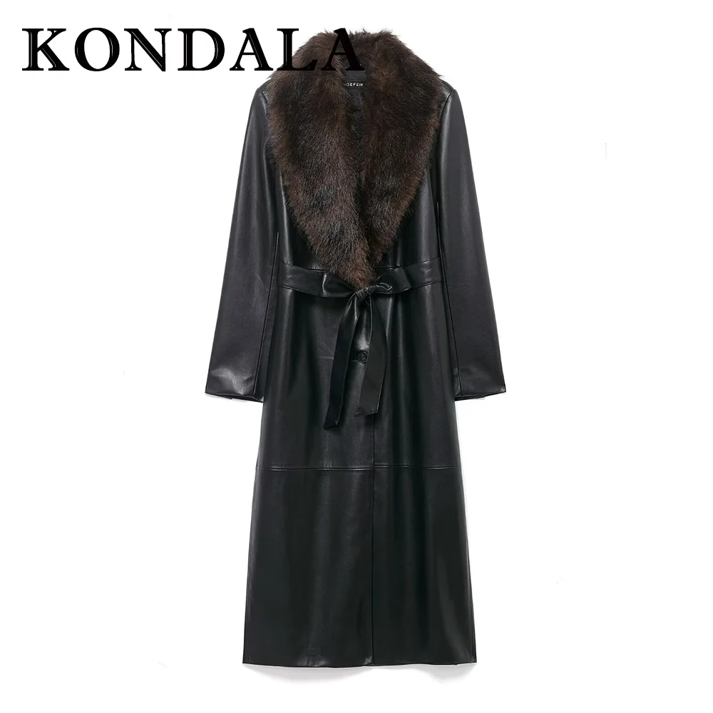 

KONDALA Chic 2025 Faux Fur Women PU Long Coat Winter Luxurious Streetwear Belt Flurry Fashion Outwear Flurry Collar Female Coat