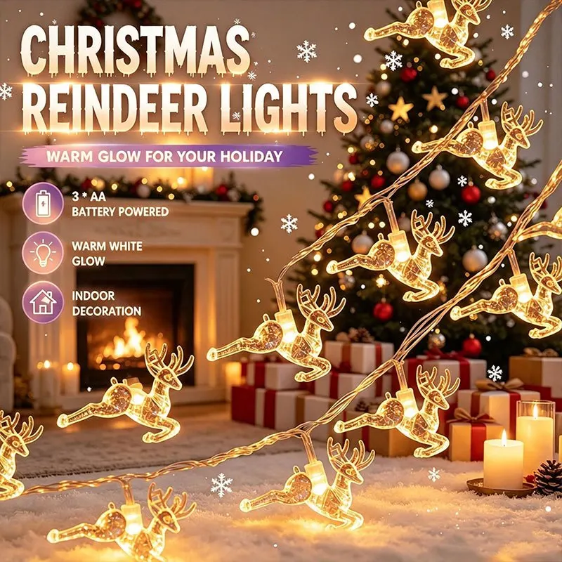Battery Operated Reindeer Christmas String Lights, 10/20/40 LED Warm White Fairy Lights, 1.5M/3M/6M Decorative Elk Garland