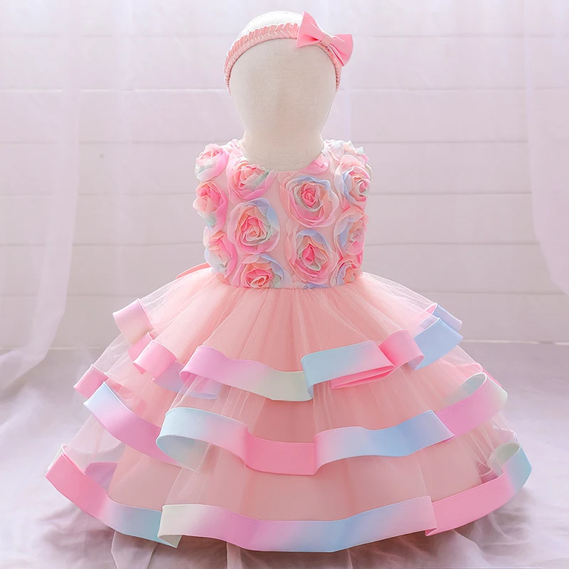 Send Headband Colorful Baptism 1st Birthday Dress Baby Girl Ceremony Flower Princess Dresses Party Dress Child Clothes Vestidos