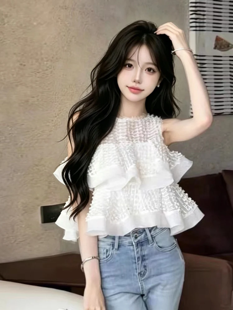 French Style Loose Fit Sleeveless Vest Double Layer Lace Trim Sweet Young Looking Shoulder Bared Slimming Top for Summer