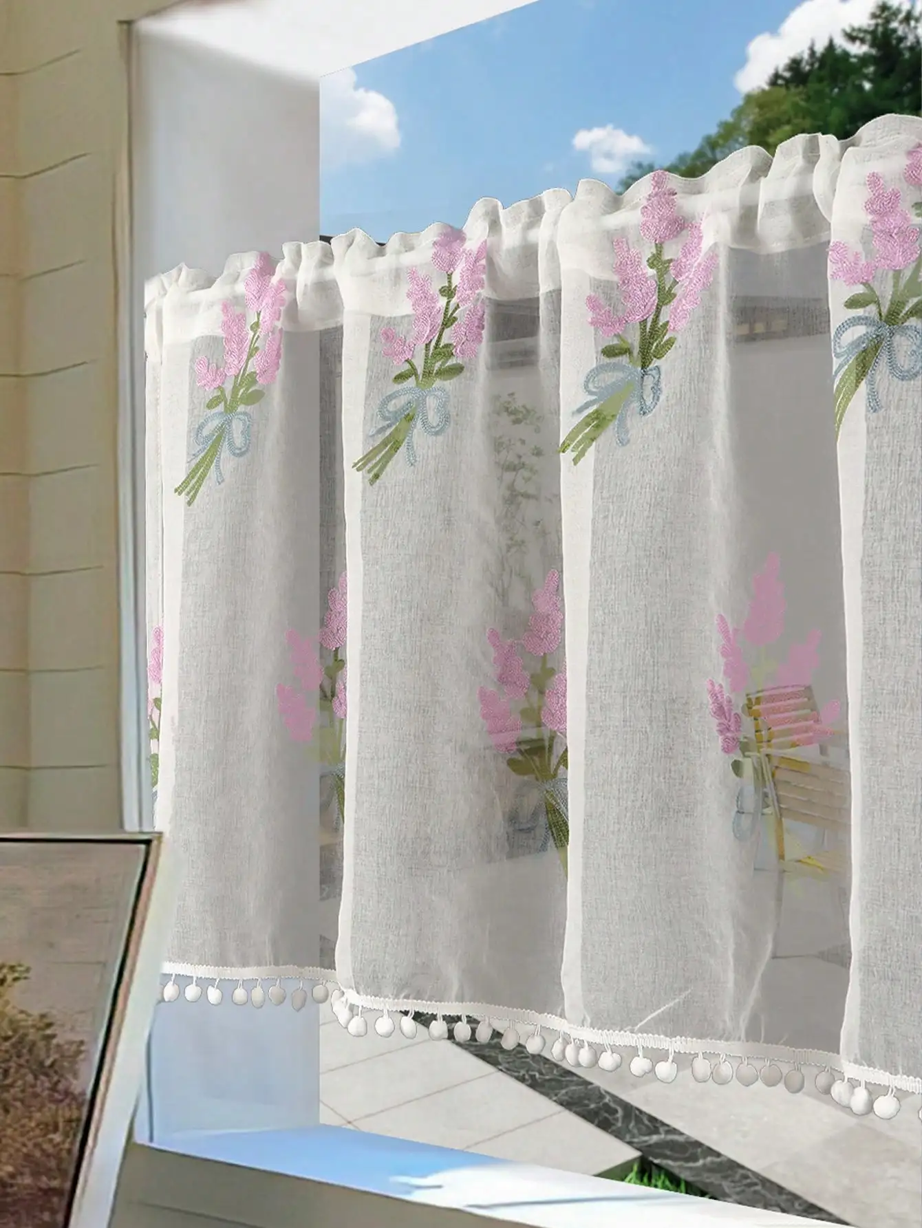Pink Tulip Embroidered 1PC Hairball Short Curtain, Living Room Bedroom Cabinet Barrier Tulle Small Short Curtains