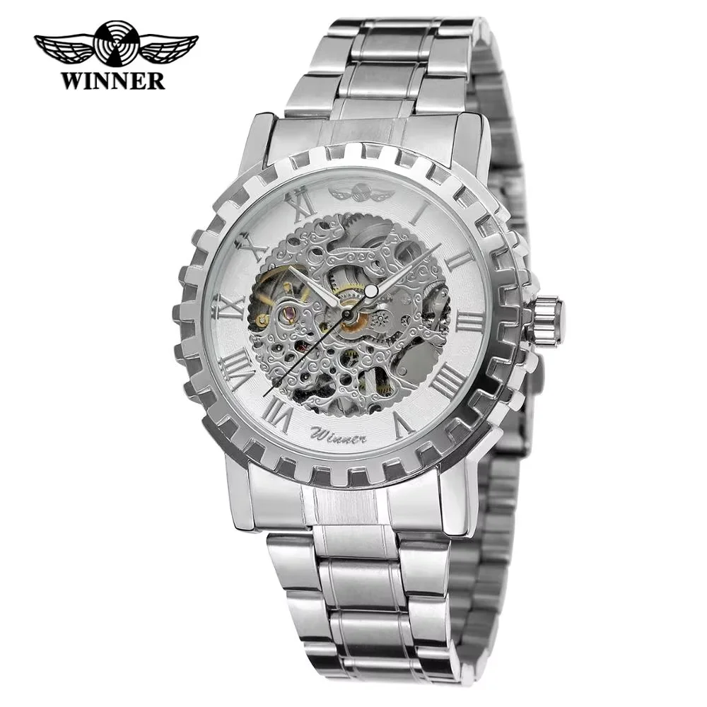 T-WINNER WATCH การออกแบบเกียร์ใหม่รูปแบบสร้างสรรค์ตัวเลขโรมันนาฬิกาอัตโนมัติสําหรับผู้ชายสายเหล็กสีเงิน