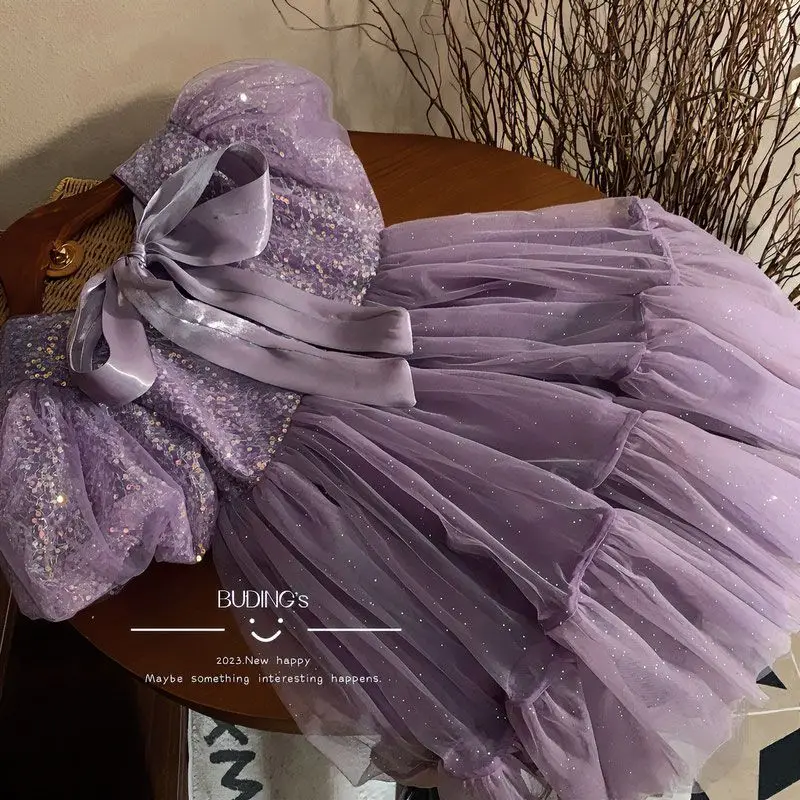 Birthday party Summer strap bow Bubble sleeve Girls Cake Purple Shiny Dresses princess childrens Daily Clothing Gauze Skirts