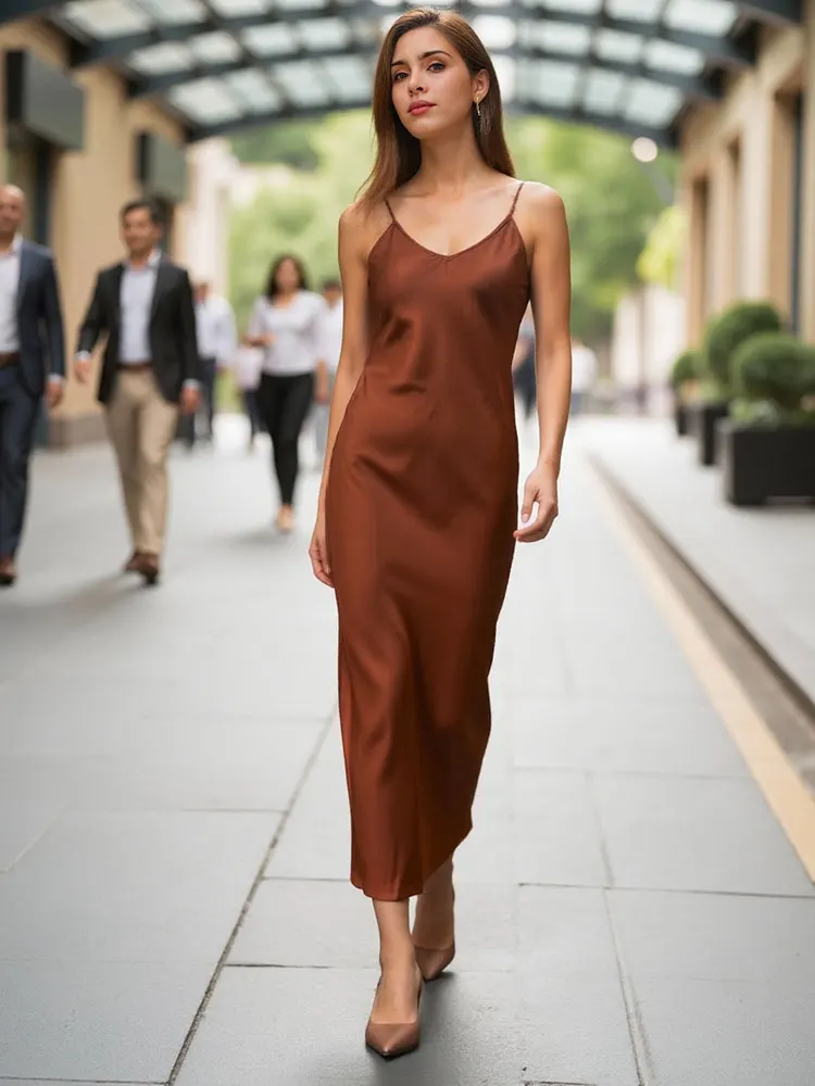 HH レディース エレガント 無地 サテン風 ワンピース 細ストラップ スリム ロングドレス 2025 春夏 セクシー レディース バックレス パーティードレス