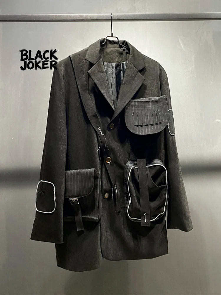BLACK JOKER Original Vintage distressed blazer Multi-material splicing Reflective strip pockets Casual blazers