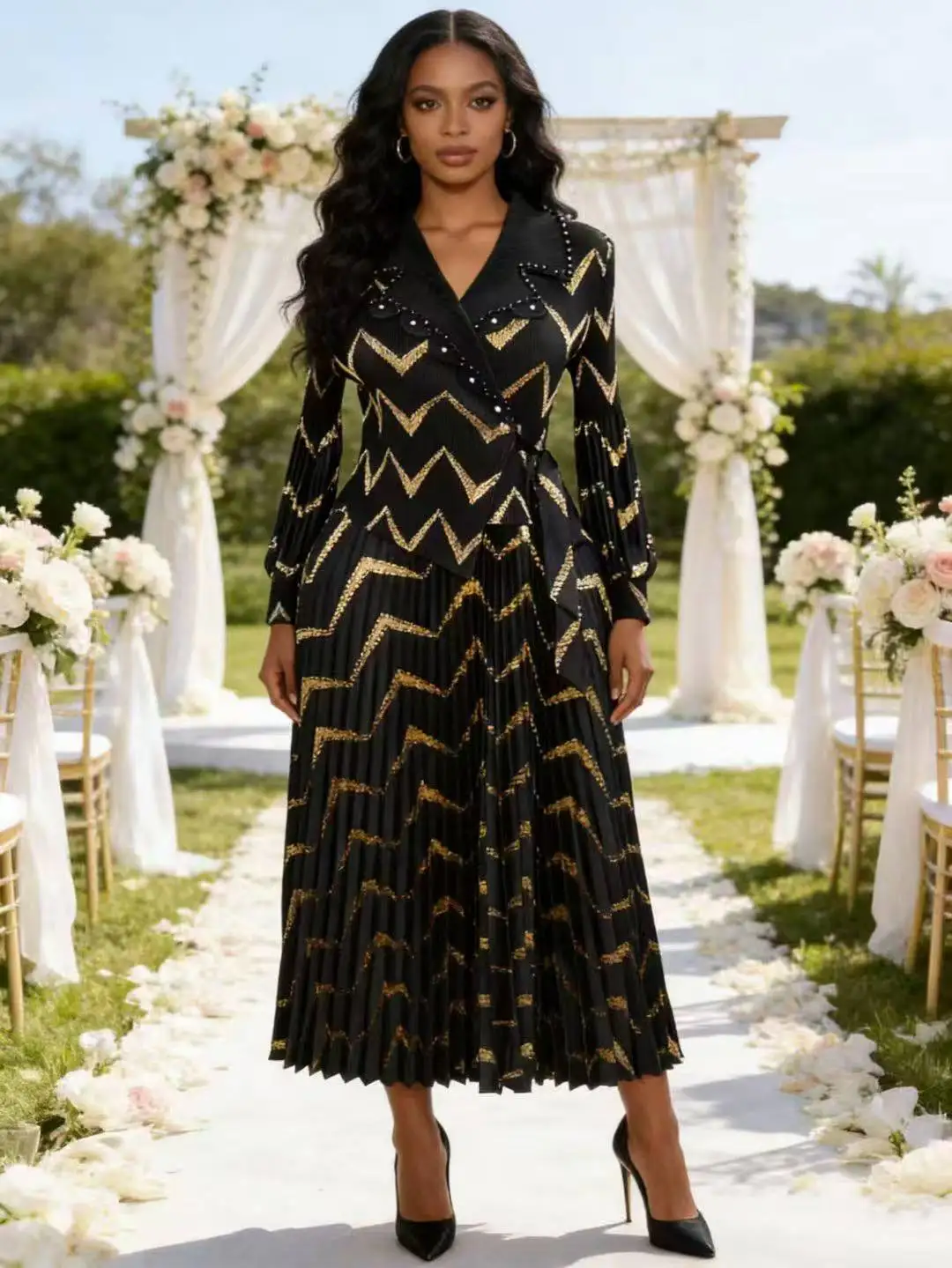 ANLAN 2026 Spring New Pleated A-line Dress elegant Suit Collar Long Style Waist Cinching Slimming Women Folds Skirt 7AN1031