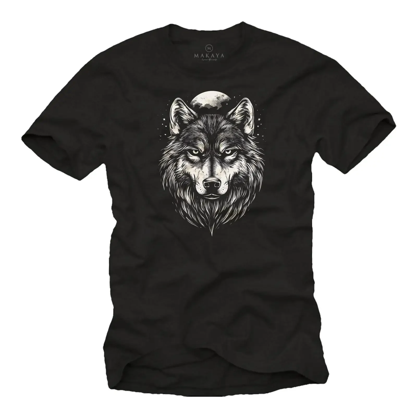 Camiseta de algodón MAKAYA para hombre, diseño vintage de cabeza de lobo y luna vikinga, varios colores, tallas S a 5XL, estilo vintage lavado, informal para hombre