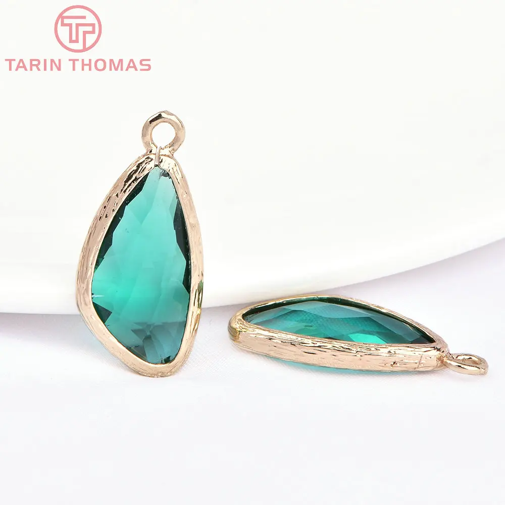 (1242)10PCS 23x11MM 24K Champagne Gold Color Brass and Glass Irregular Drop Shape Charms Pendants  Jewelry Findings Accessories
