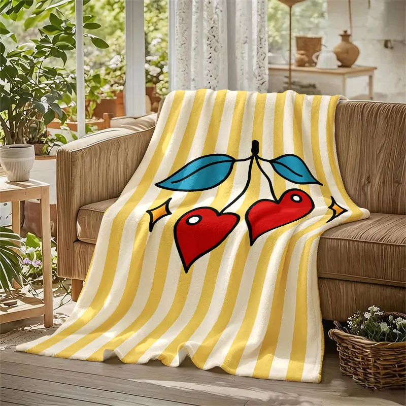 Heart Cherry Stripe Flannel Blanket Warm Soft Halloween Christmas Decorative Couch Warm Cozy All-Season Gift